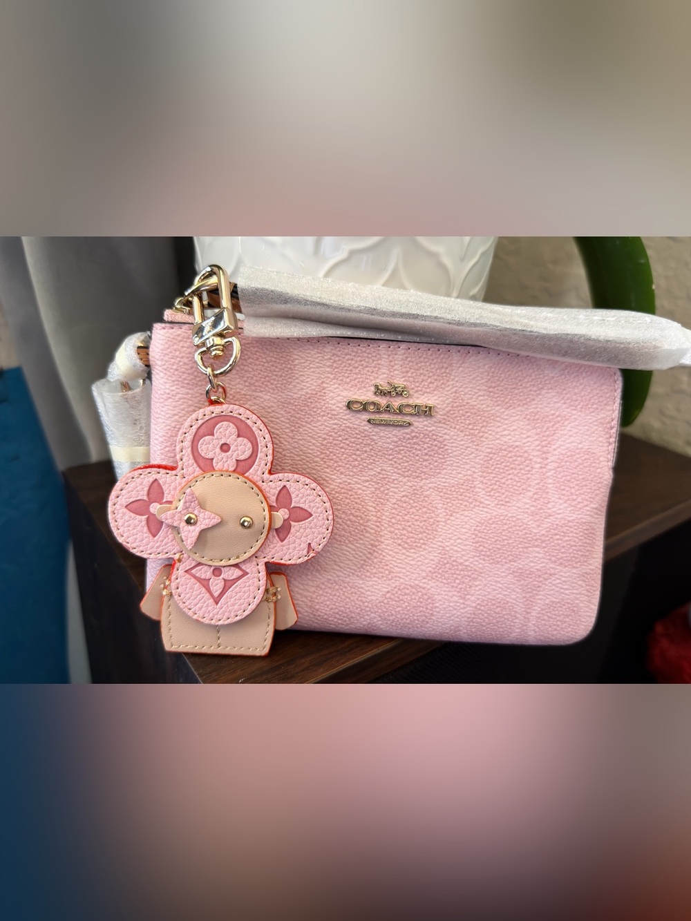Coach Pink Signature Wristlet Pouch with Gold Logo